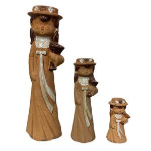 Japanese Stoneware Set of 3 Girls Singing Candle Holders Partial Glazed Vintage